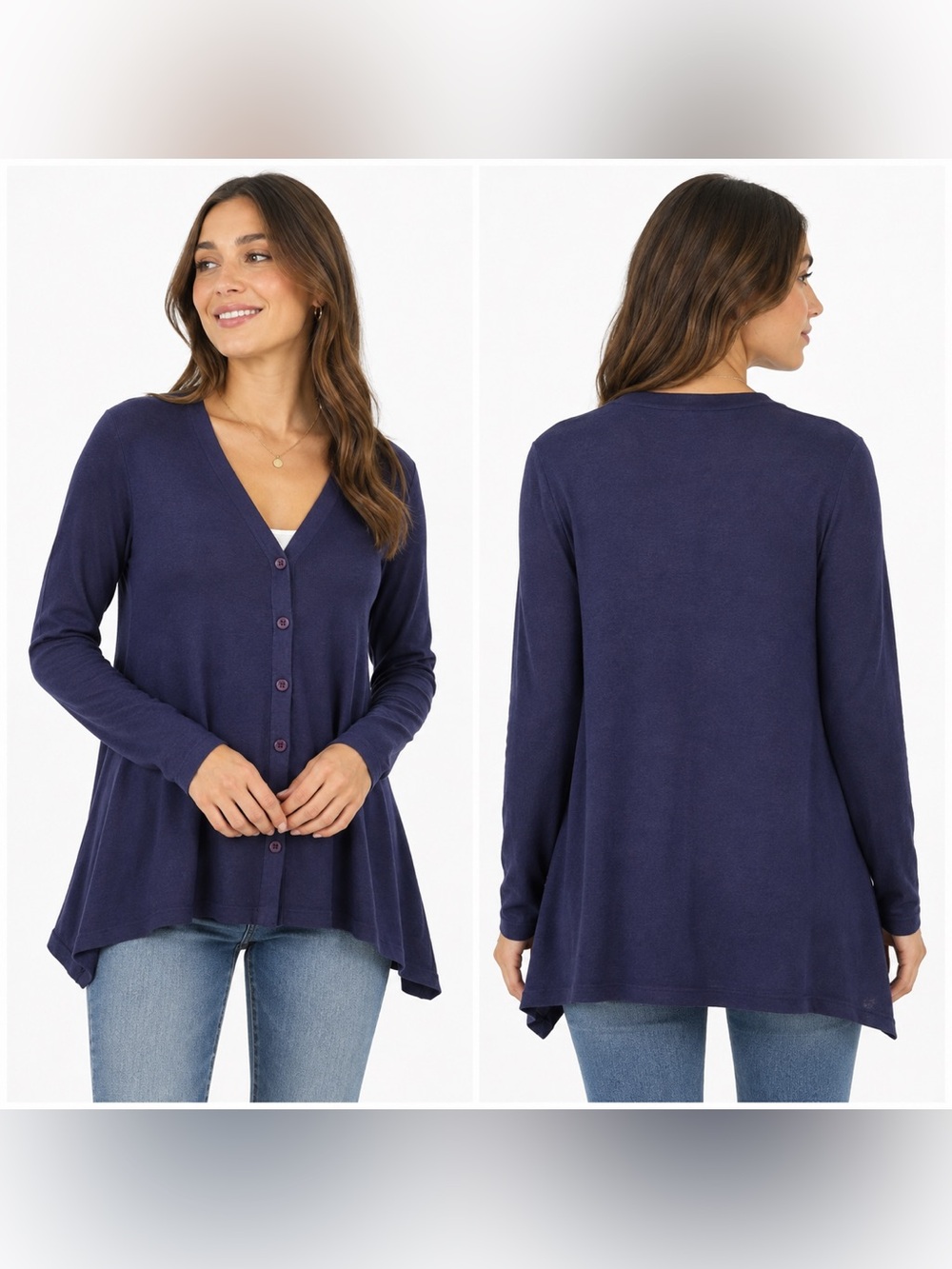 Purple Swing Cardigan Button Front Sweater Medium Classic Minimalist A-Line Soft